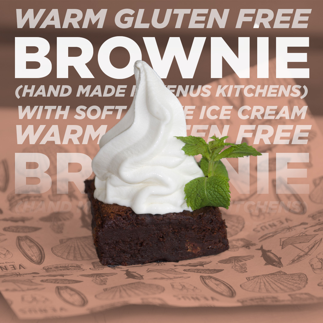 Warm Gluten Free brownie (hand made in Venus kitchens) and soft serve ice cream